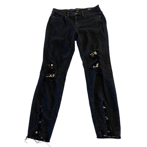 Judy Blue Denim - Judy Blue Skinny Jeans Black with Animal Cheetah‎ Print Distressed Size 7 /28